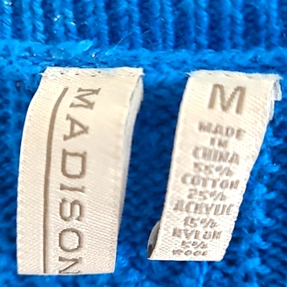 Madison Royal Blue Cable Knit Sweater M Fisherman Jewel Neck Vintage Stretch - Picture 4 of 4